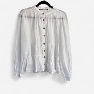 Zara Babydoll Linen Button-Up Long Sleeve White Top Size Large